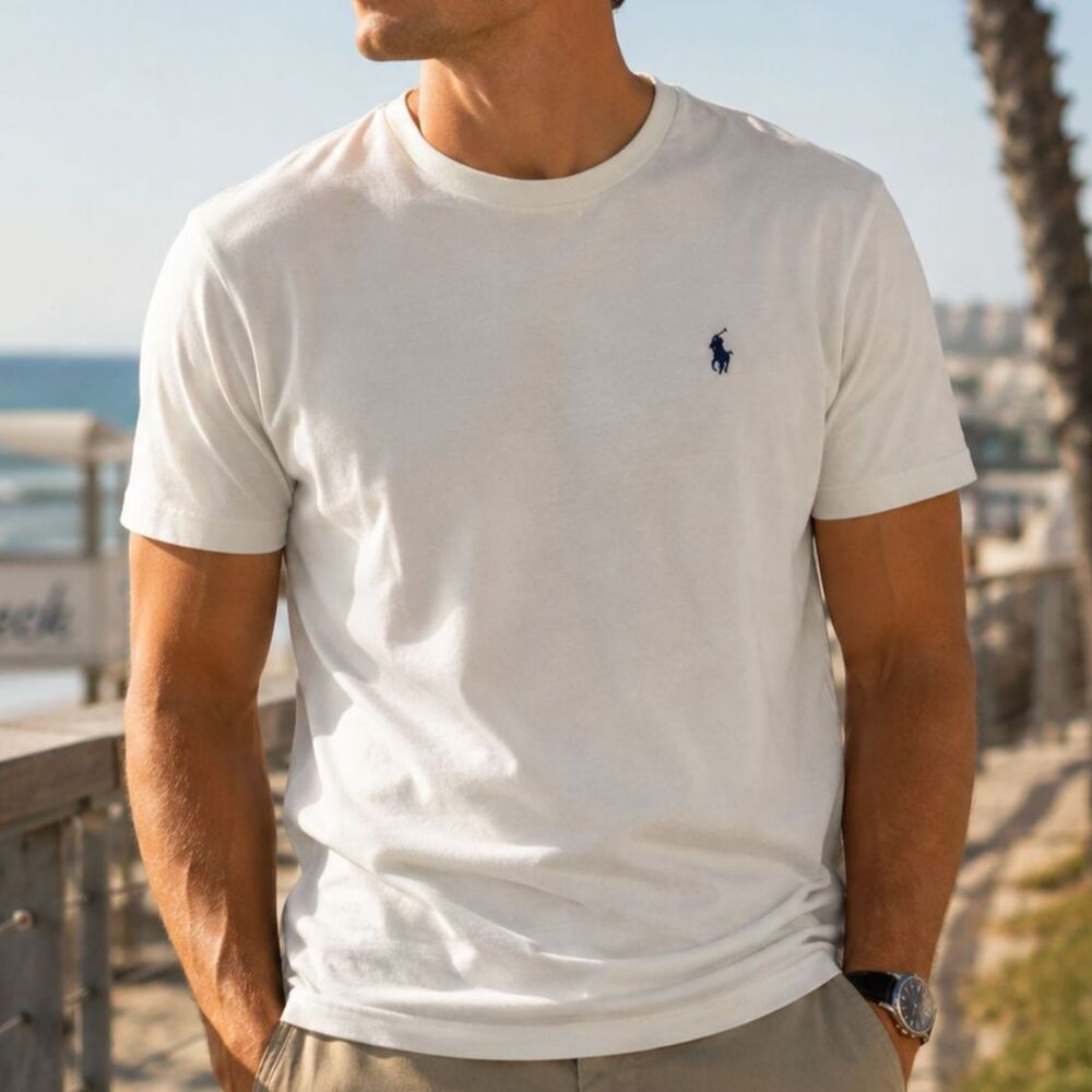 Mens Classic Fit White Cotton Jersey Crewneck T-Shirt Navy Blue Pony Logo M